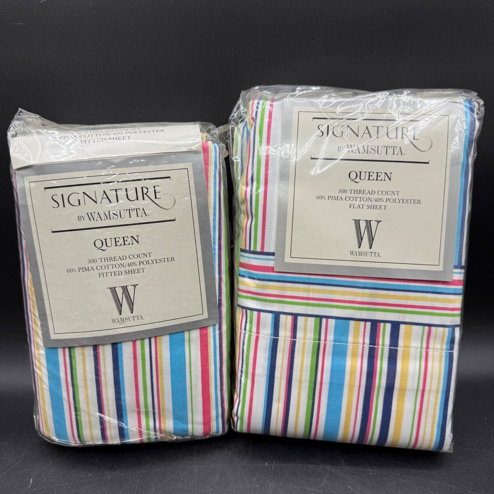 Vintage Wamsutta Sheet Set Queen Rainbow Stripe Pima Cotton Blend NOS Verve
